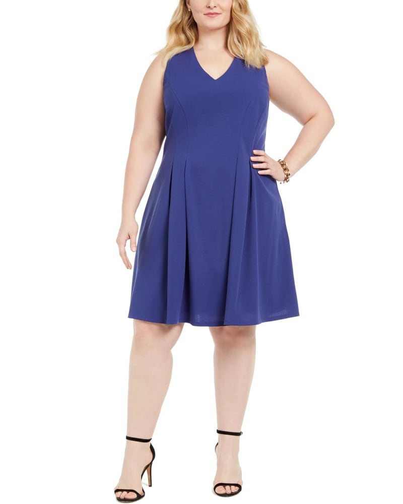 Front of a model wearing a size 18 Teeze Me Juniors' Plus Size Sleeveless Fit & Flare Dress Navy Size 18 in Blue by Teeze Me. | dia_product_style_image_id:312809